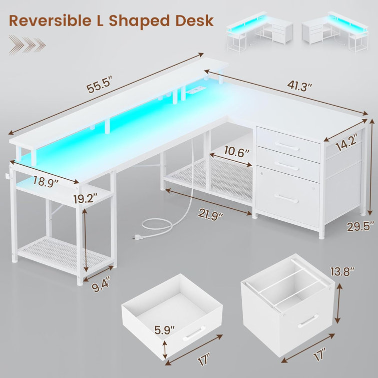 White L Shaped Desk with Fabric Drawers, 55.5” Home Office Desk with File Drawer and Storage Shelves, Gaming Desk with LED Lights Wrought Studio