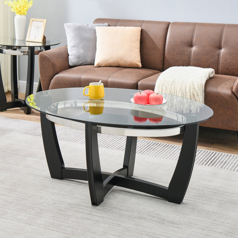 Wexford Collection Modern Oval Glass Top Coffee Table with Metal Base – Industrial Living Room Accent Table, Minimalist Contemporary Design, Sturdy and Stylish Center Table