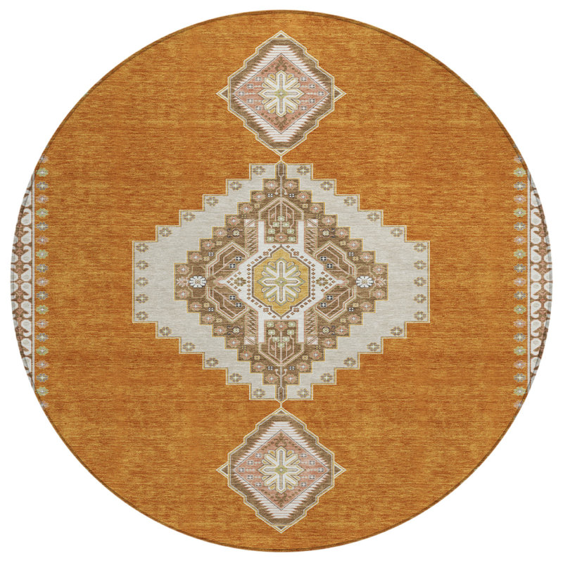 Tapis rond lavable intérieur / extérieur brun et ivoire 8 pi