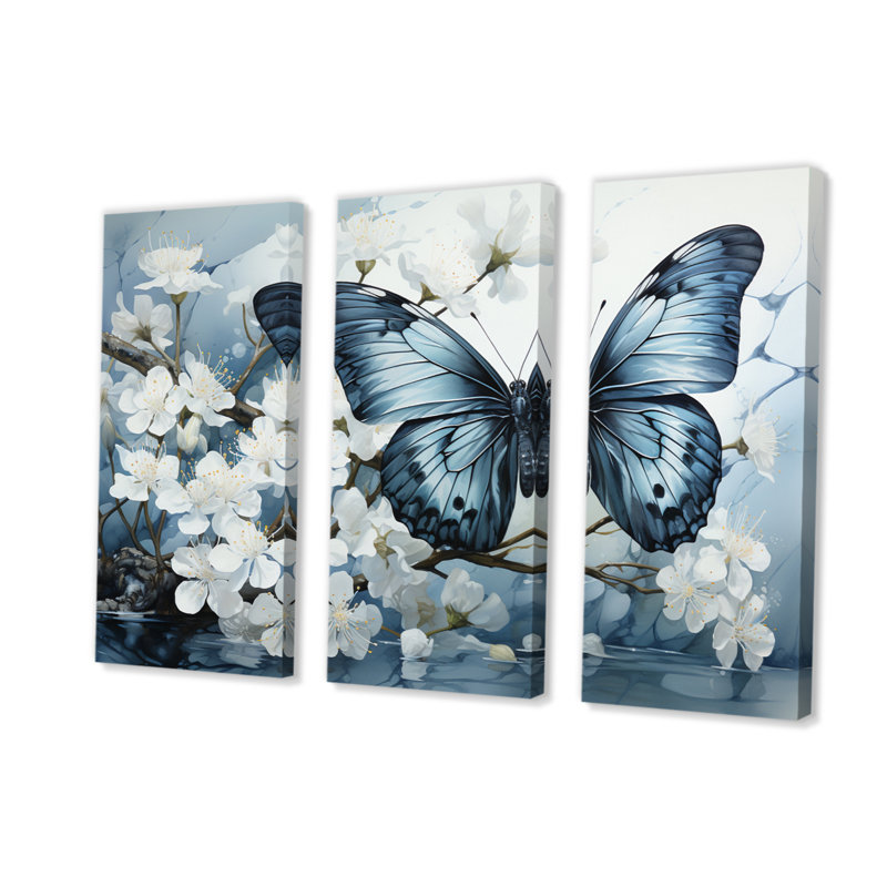 «Blue White Butterfly Reflection on Canvas», reproduction de 3 pièces, H 40 po x l 60 po x P 1 po