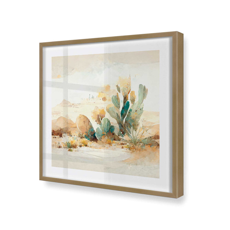 «Cactus in Sands», reproduction sur toile, Or brossé, H 13,5 po x l 13,5 po, Reproduction encadrée avec passe-partout