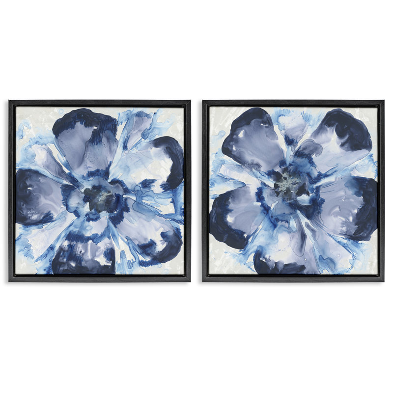Ensemble de 2 cadres flottants Blue Glass Blossoms, design par June Erica Vess, Cadre flottant noir de jais