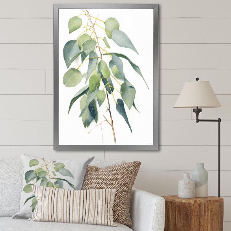 Vert, blanc, minimalisme, eucalyptus Essence I, H 32 po x l 24 po x P 1 po, Cadre simple argenté
