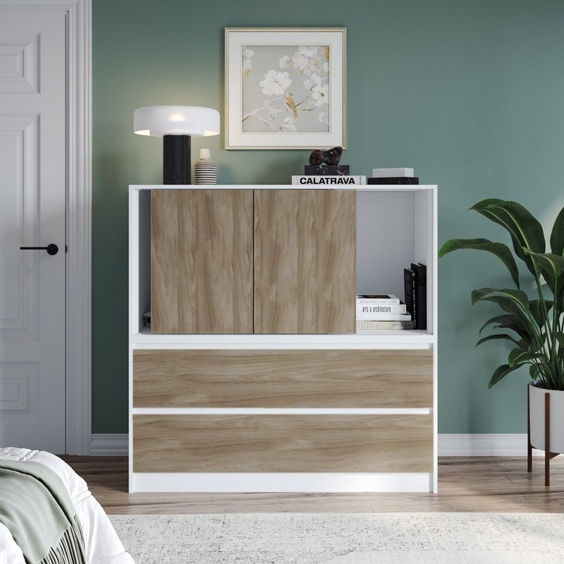 Solid Wood Rectangle Accent Cabinet, White with Oak