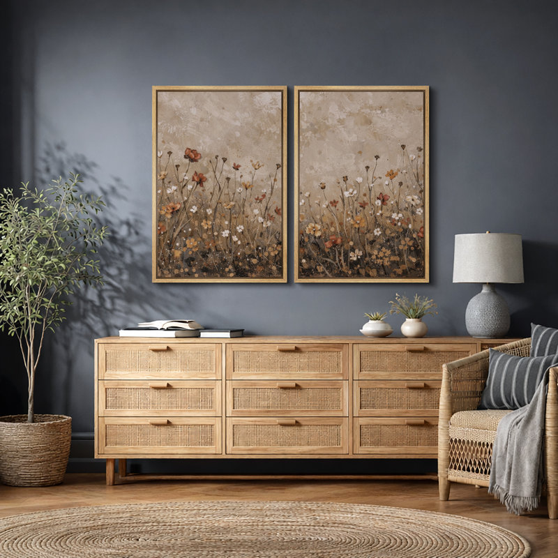 Autumn Wildflower Meadow Artwork, Living Room Pictures, Framed Canvas Giclee Print Wall Art, Natural Floater Frame