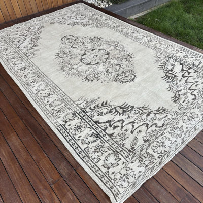 Grand tapis turc beige Oushak à pampilles idéal pour les salons en laine rétro