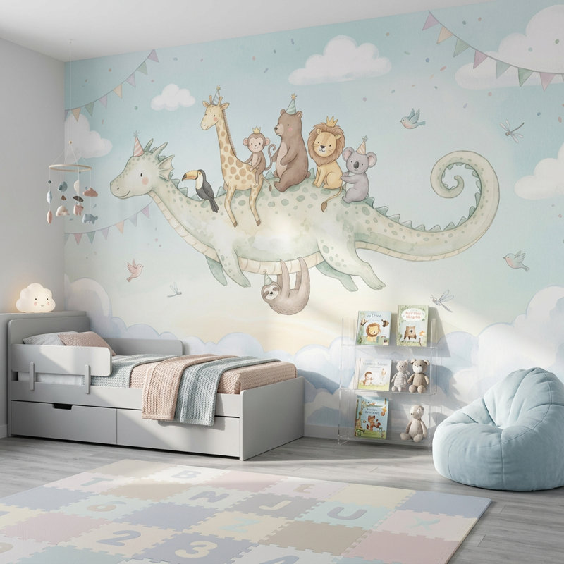 Décoration murale amovible de chambre d'enfant pastel Flying Dragon, Texturé non collé, 100 po x 96 po