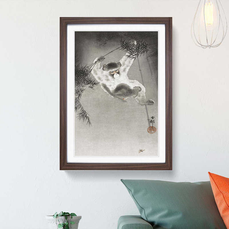 Monkey on a Bamboo Branch by Ohara Koson - Picture Frame Painting Print, 48cm H x 36cm W x 2cm D, Walnut Framed
