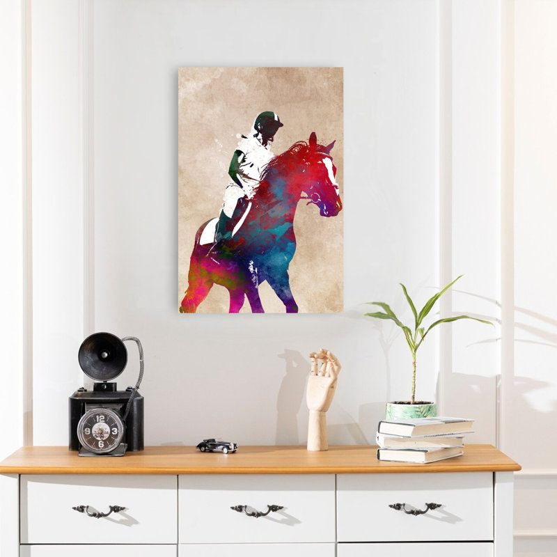 Aquarelle, cheval, cavalier, art mural contemporain, 24" H x 16" W