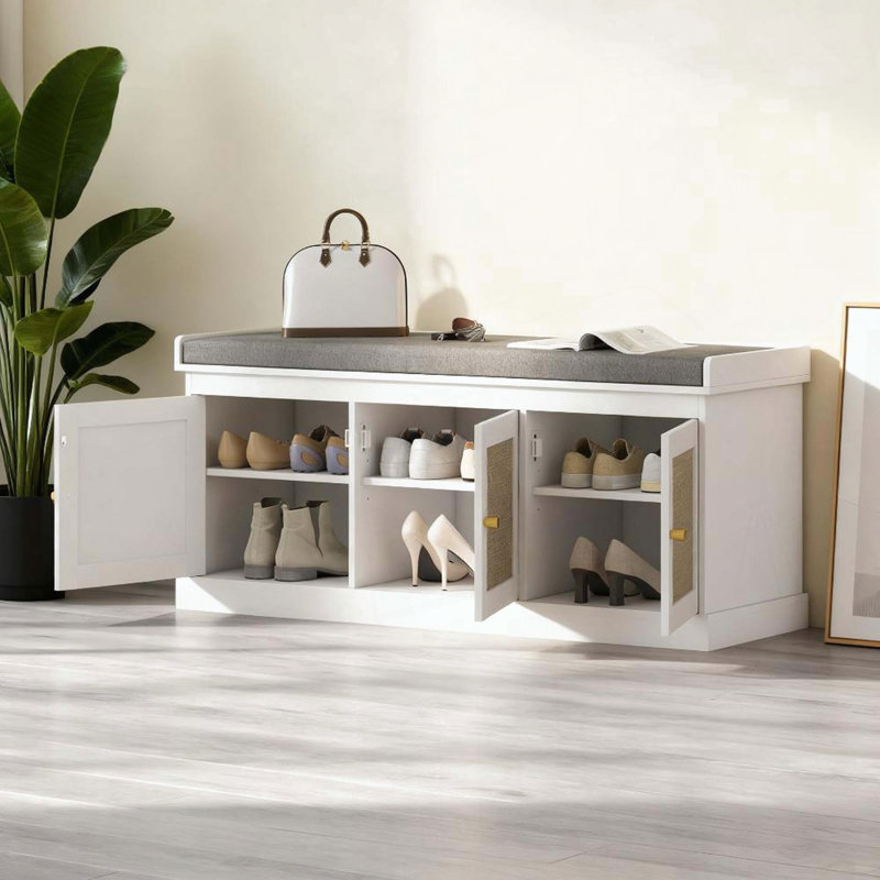 Banc de rangement pour chaussures avec portes en rotin tissé, Gris, blanc, Gris, blanc