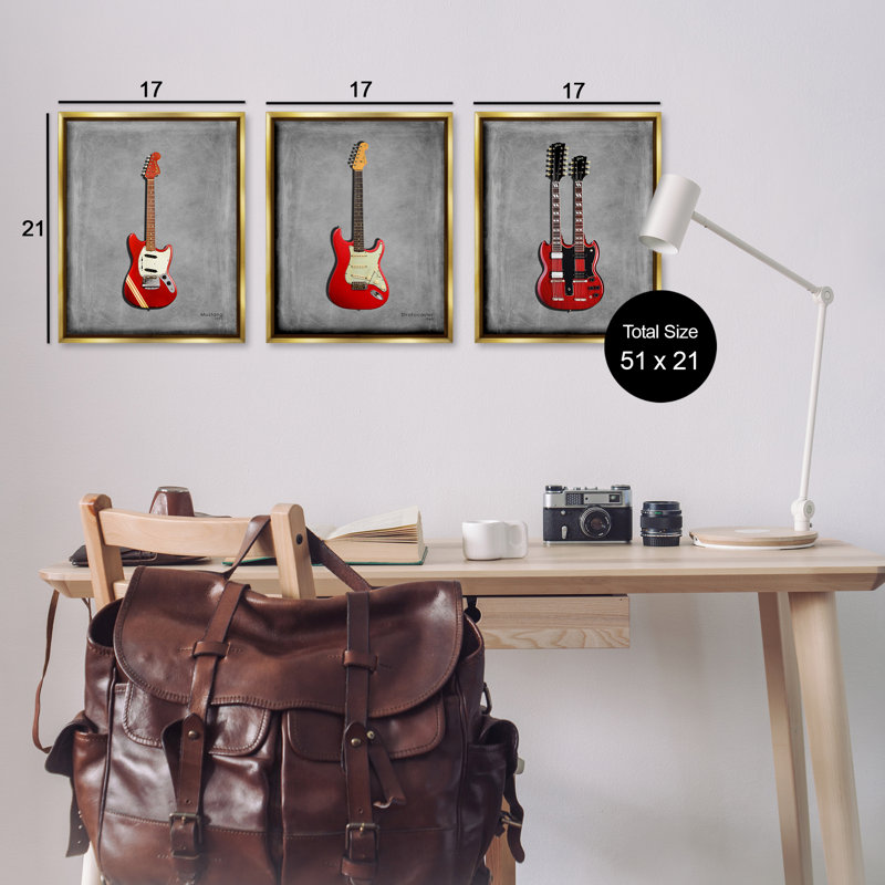 Ensemble de cadres flottants 3 pièces Red Guitars, par Mark Rogan, H 21 po x l 17 po, Cadre flottant métallique doré