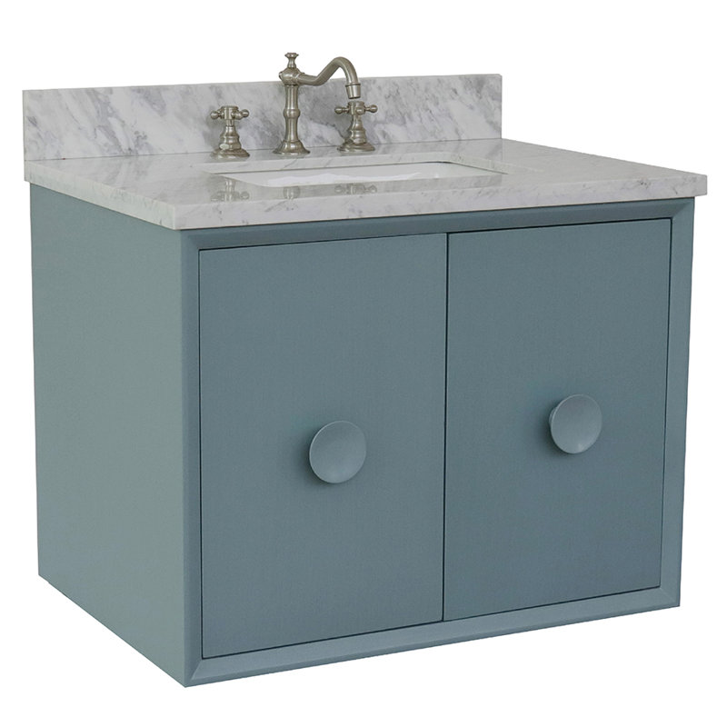 Ensemble de meuble-lavabo mural simple 31 po Crumley, Bleu aqua / blanc Carrara