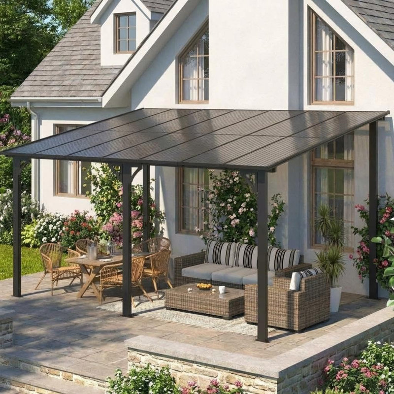 Pavillon de jardin mural rigide 10 po x 14 pi avec toit et gouttières - noir, Noir mat