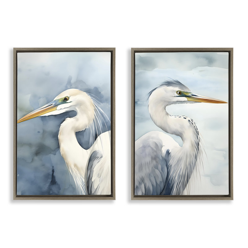 Aquarelle, oiseaux de plage détaillés, ensemble de 2 toiles flottantes encadrées par Petal Prints Design, H 25 po x l 17 po