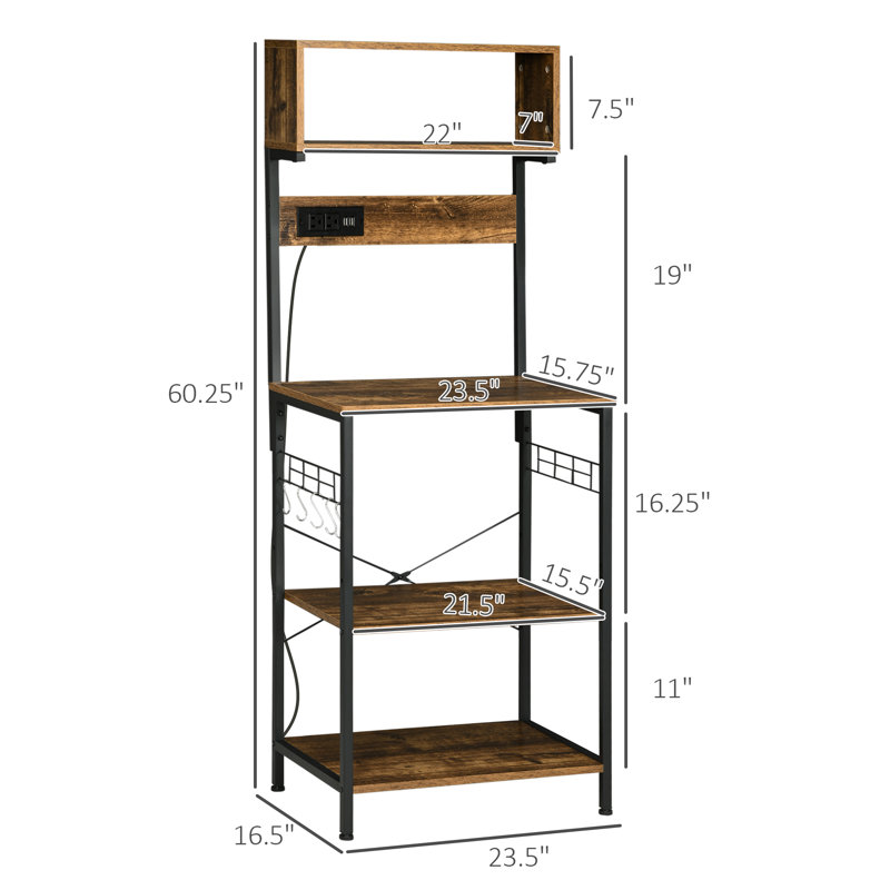 Rustic Brown Adjustable Kitchen Baker's Rack with Power Outlet