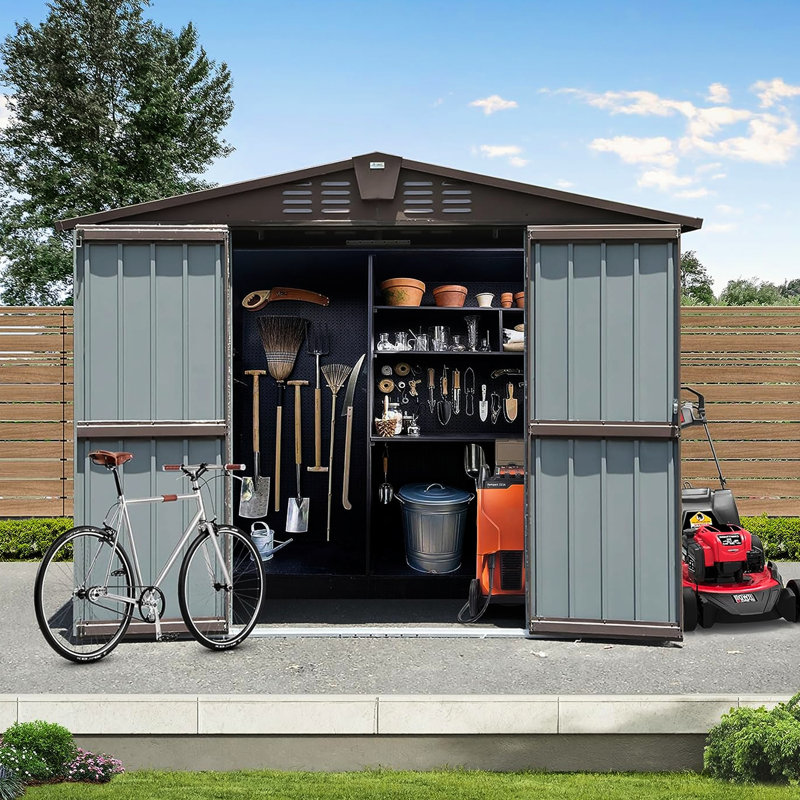 Rangement extérieur en acier 8,2 pi x 6,2 pi - Rangement pour outils utilitaires pour portes verrouillables doubles, bouches d'aération, rouille, jardin de jardin brun, rouille