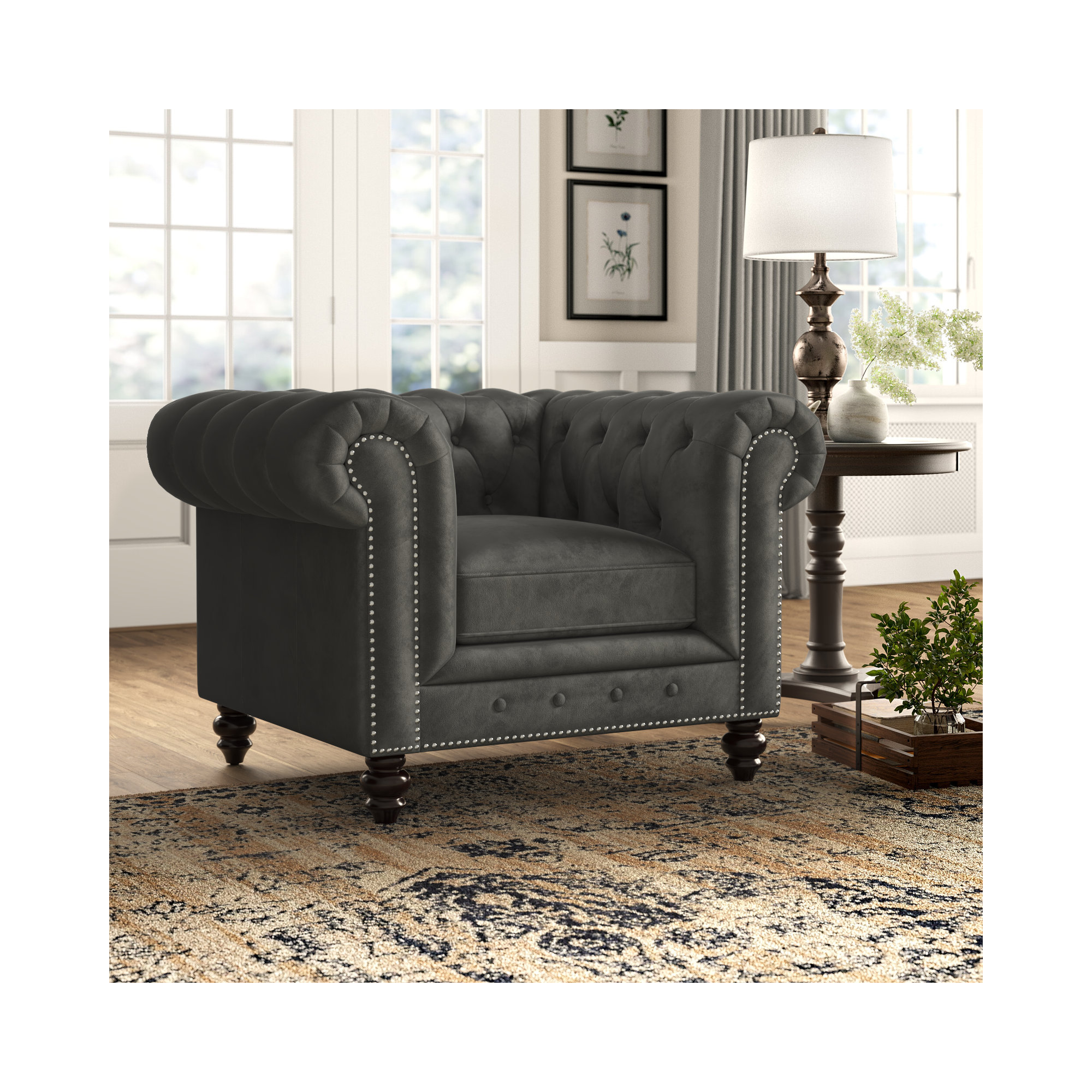 Ophelie Upholstered Chesterfield Chair, Smoke Grey Velvet
