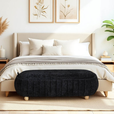 Banc d'appoint ovale rembourré de 55 pouces avec rangement, couvercle rabattable et pieds en bois massif