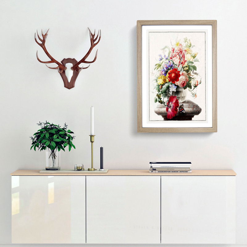 Butterfly & Flowers by Herman Henstenburgh - Picture Frame Graphic Art Print, 65cm H x 48cm W x 2cm D, Oak Framed