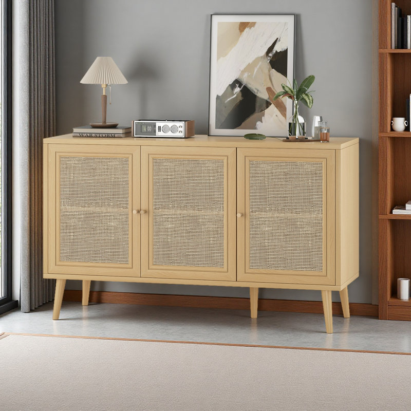 Sideboard Buffet Cabinet with 3 Rattan Doors,Modern Kitchen Storage Console Cabinet for Entryway Living Room (Small,Natural)