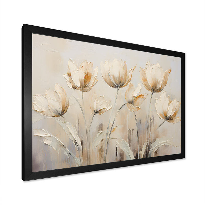 Beige embelli des tulipes Symphony I - tulipes, art mural, H 30 po x l 40 po x P 1,5 po, Cadre simple noir