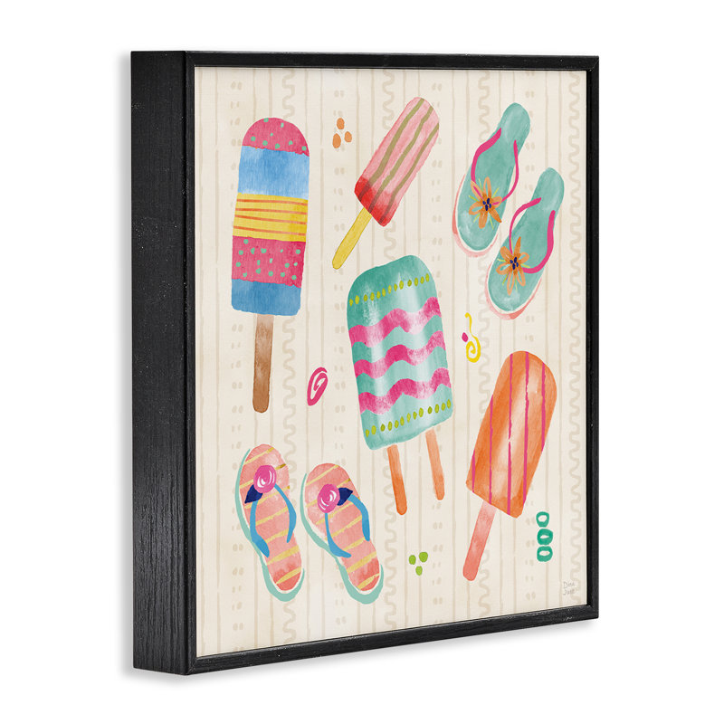 Sucettes et sandales estivales encadrées, dessin par Dina June, 12 x 12, Giclée noire de minuit encadrée