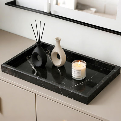 Natural Marble Tray 12x8 Inch Dark Coffee Veined Stone Vanity Tray for Bathroom Counter 1pcs 20*3cm