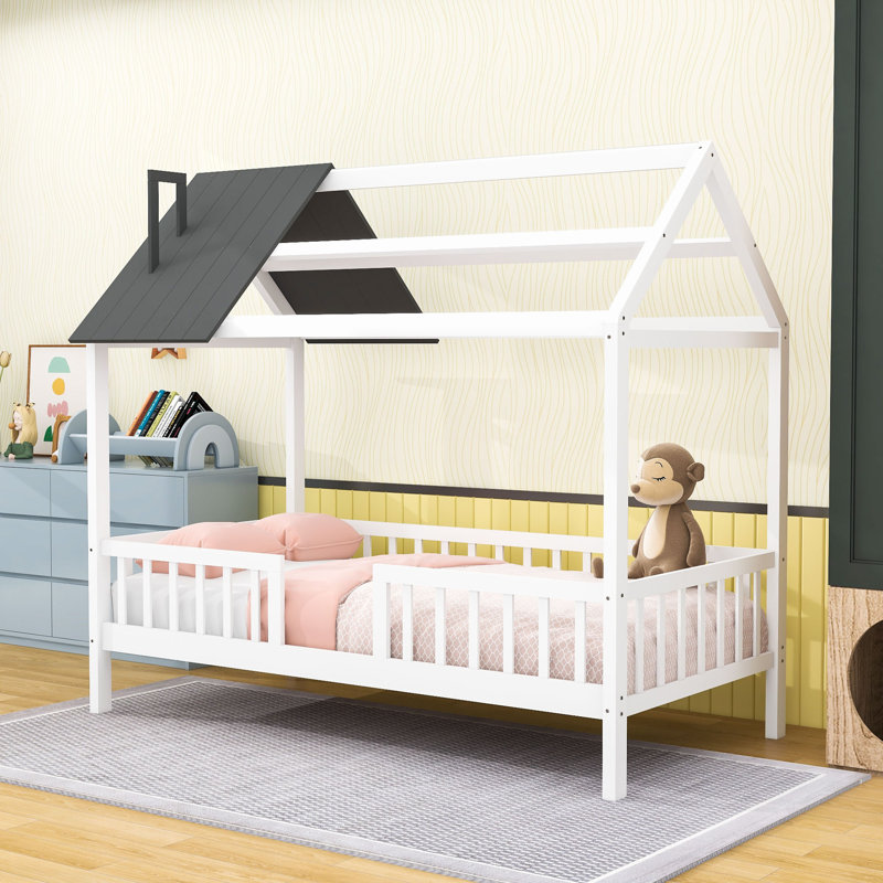 Twin Size Wood House Bed With Fence, White/Gray
