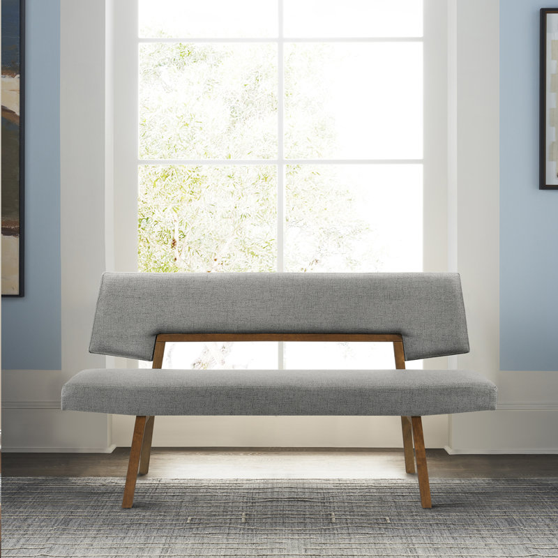 Jeiren 63" Wide Upholstered Dining Bench with Back in Rubberwood and Fabric, Charcoal, Brown