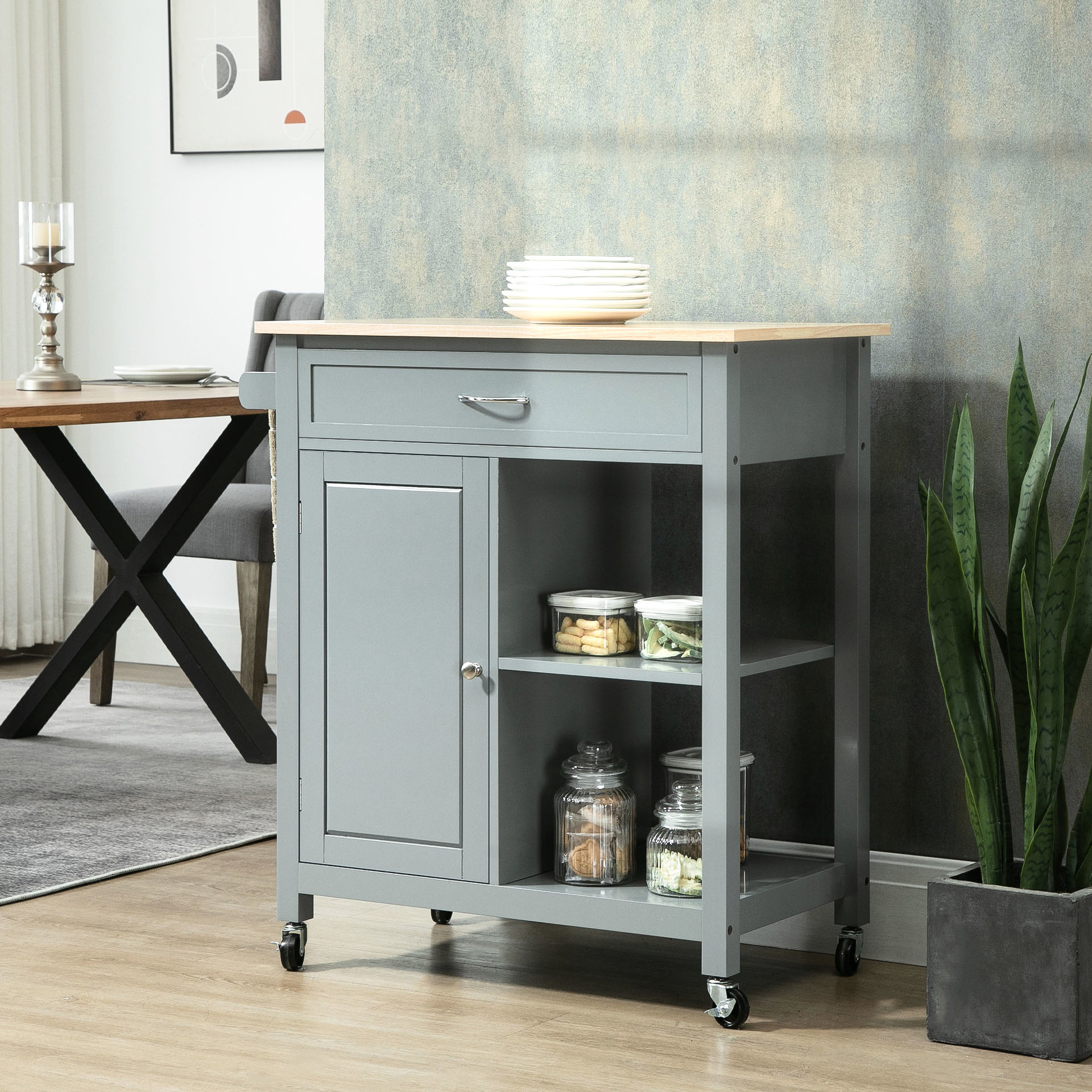 Latitude Run® Kitchen Island Cart With Wheels, Grey, Solid Wood Surface ...
