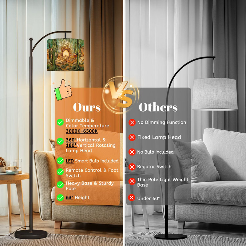 Arc Floor Lamp with Adjustable Lampshade Intricate Tribal Tattoo Style western Standing Lamp 3 Color Temperatures Dimmable Tall Pole Lamp with Foot Switch for Bedroom