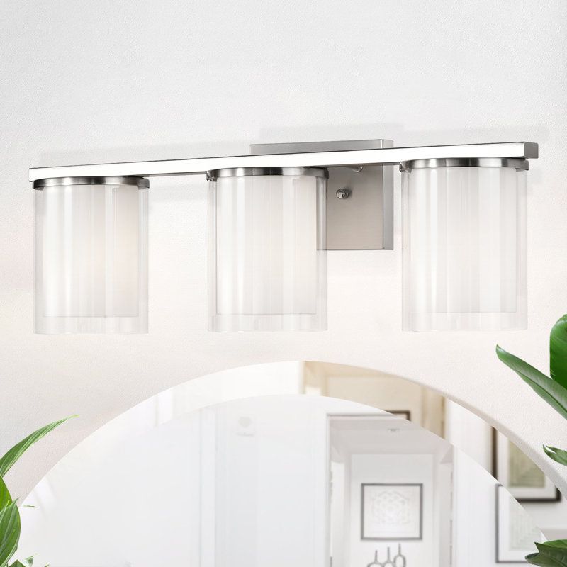 3-light Brushed Nickel Modern Vanity Light With Clear Glass And White Glass Dual Shades, Brushed Nickel