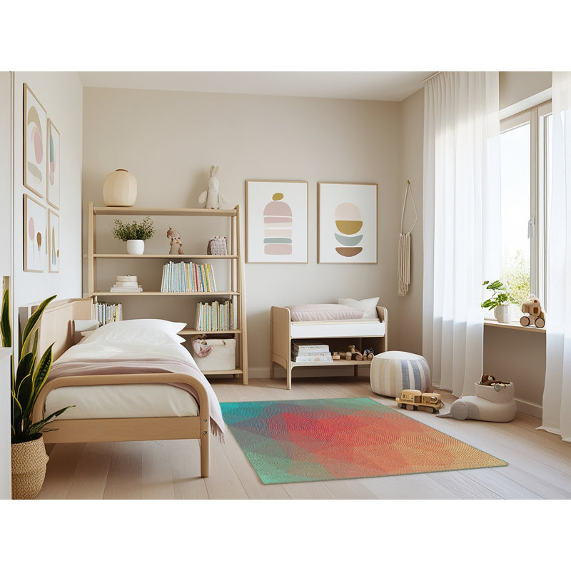 Tapis rouge/aqua à motif vert, Rectangle 4 pi x 6 pi