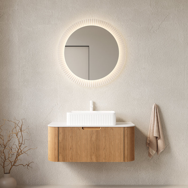 Solution de rangement moderne et élégante pour meuble-lavabo flottant à finition grain de bois