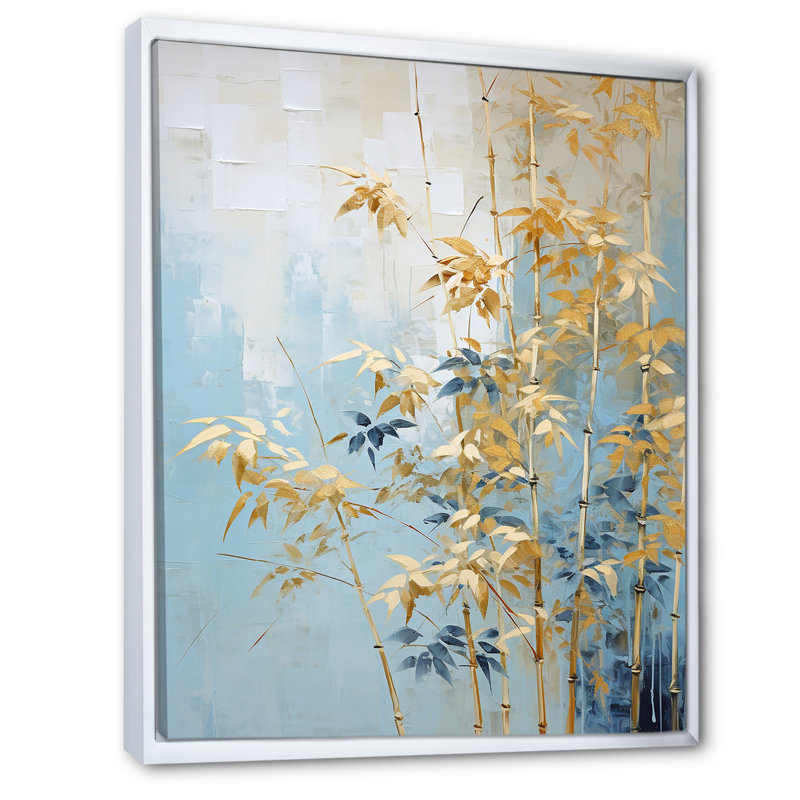 «Blue and Gold Bamboo Dance III», impressions sur toile de bambou_106588, H 32 po x l 24 po x P 1 po, Cadre flottant blanc