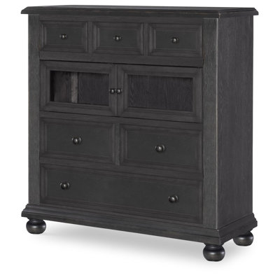 Commode Vintage Market de 117 cm de large avec porte vitrée et 6 tiroirs, style campagnard noir.