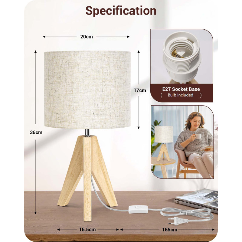 36CM Natural Wood Tripod Table Lamp with Linen Shade,Included LED Bulb