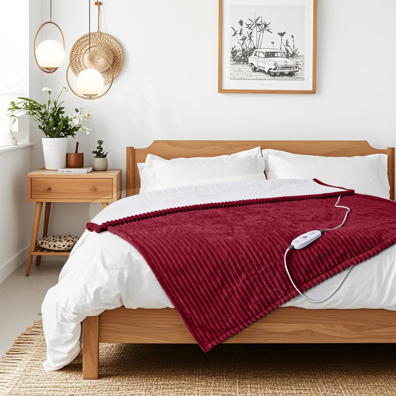 HBT Electric Fleece Heated Throw Blanket, Red, 60" L x 50" W