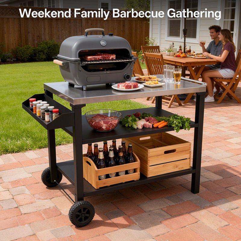 3-Tier Stainless Steel Outdoor Prep Cart with Spice Rack & Lockable Wheels