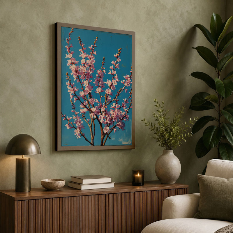 Cherry Blossom Branch Botanical - Wrapped Canvas, 30x20 - 76.2 x 50.8 cm, Teal Border