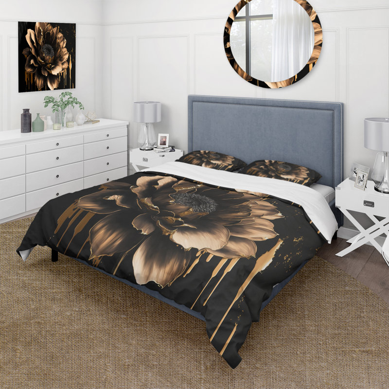 Noir et doré Dahlia - ensemble de housse de couette floral Dahlia - microfibre de polyester