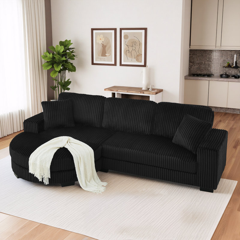 Corduroy Upholstered Sofa with Removable Curved Ottoman, Black