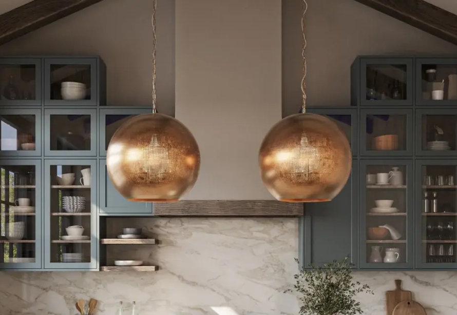 Kitchen with two hanging globe lights.