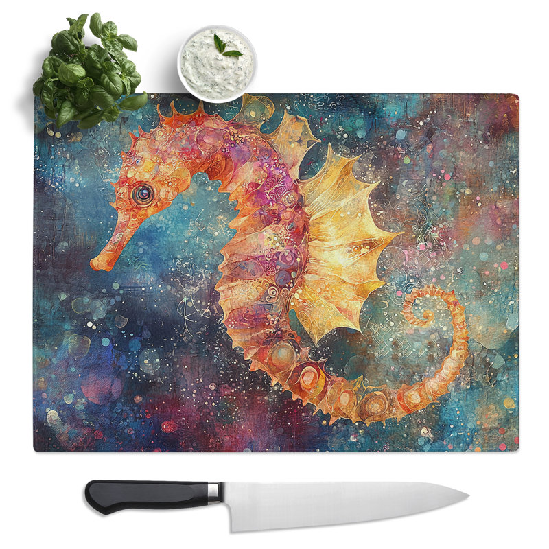 Seahorse Illustrated  Glass Chopping Board