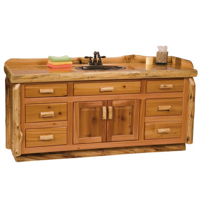 Fireside Lodge Cedar Log Vanity - 6-foot - Slab Style Top - Natural - Liquid Glass - Sink Center