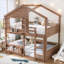Structure de lit en bois massif pour chambre d'enfant, lit superposé de taille naturelle et lit mezzanine avec design maison et bibliothèque intégrée