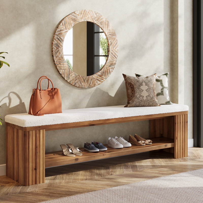 Banc rembourré de 63 po avec rangement ouvert, Marron clair
