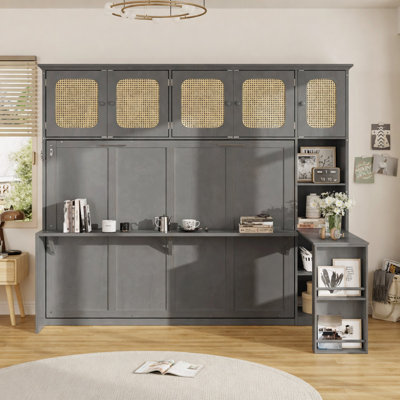Lit escamotable avec bureau et armoires en rotin, lit mural peu encombrant pour la chambre à coucher