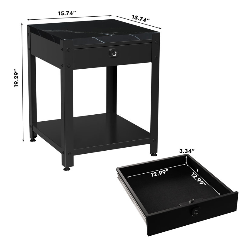 Table basse carrée à double couche carrée avec compartiment caché et verrou de sécurité à empreinte digitale, motif en marbre noir, parfaite pour les espaces de vie dans les bâtiments d'appartements, avec des matériaux confortables