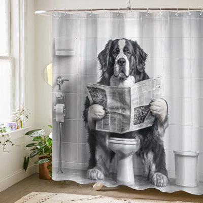 Rideau de douche pour chien drôle et imperméable pour salle de bain noir et blanc avec crochets 72 po x 72 po